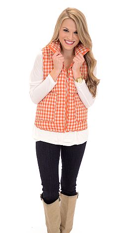 Gingham Puffer Vest, Orange