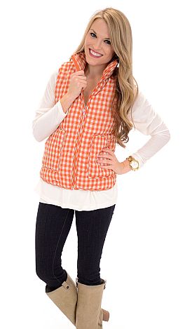 Gingham Puffer Vest, Orange