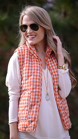 Gingham Puffer Vest, Orange