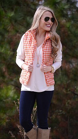 Gingham Puffer Vest, Orange