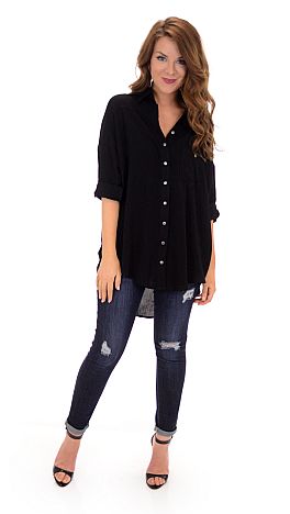 Crinkle Button Down Tunic, Black
