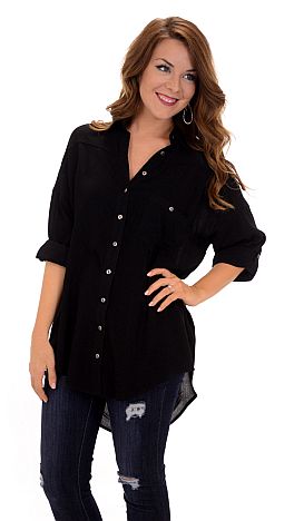 Crinkle Button Down Tunic, Black