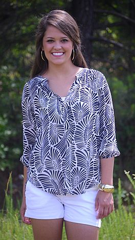 Navy Print Chiffon Blouse