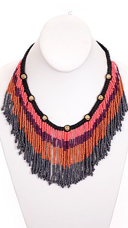 Beaded Fringe Necklace, Pink