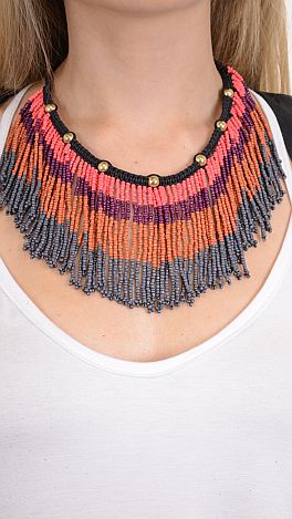 Beaded Fringe Necklace, Pink