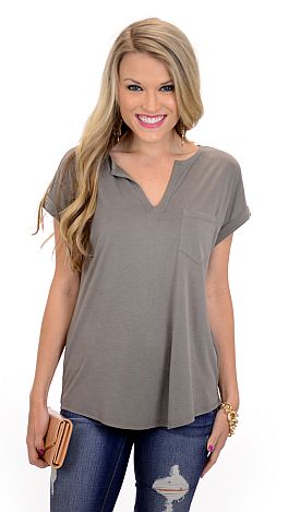 Split Neck Pocket Tee, Mocha