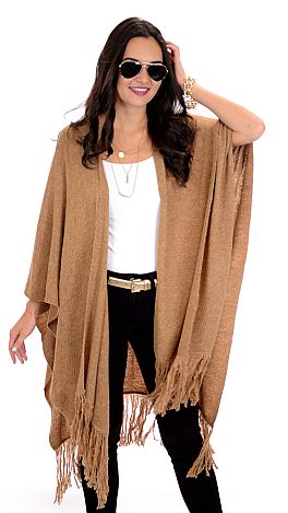 Cognac Fringe Poncho - The Blue Door Boutique