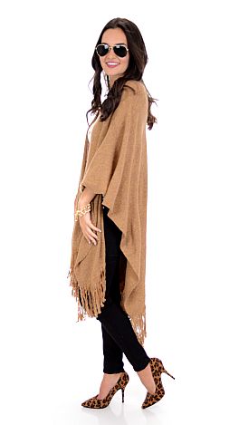 Cognac Fringe Poncho - The Blue Door Boutique