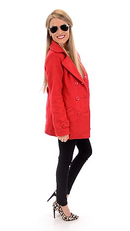 Double Breasted Pea Coat, Red
