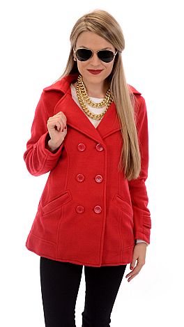 Double Breasted Pea Coat, Red