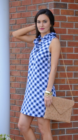 Whitney Ruffle Dress, Navy Gingham