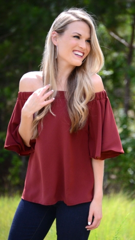 Hot to Trot Off Shoulder Top, Wine