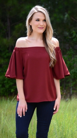 Hot to Trot Off Shoulder Top, Wine