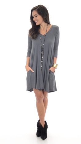 V Neck Frock with Pockets, Grey