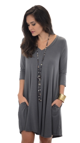 V Neck Frock with Pockets, Grey