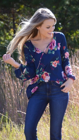 Faye Floral Blouse, Navy