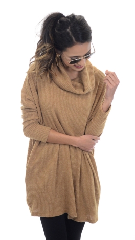 Ribbed Cowlneck Sweater, Camel