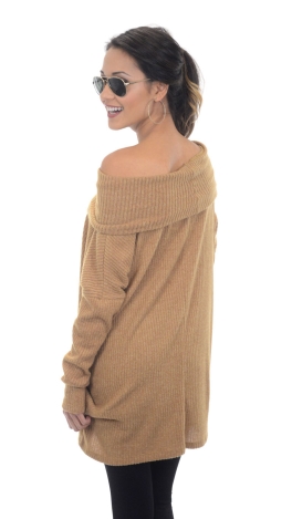 Ribbed Cowlneck Sweater, Camel