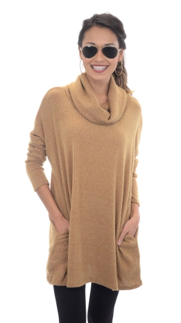 Ribbed Cowlneck Sweater, Camel