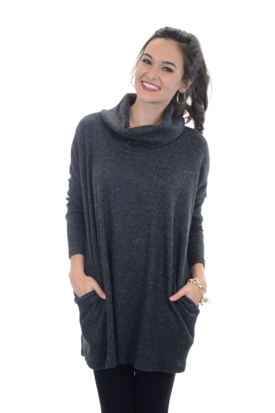 Ribbed Cowlneck Sweater, Charcoal