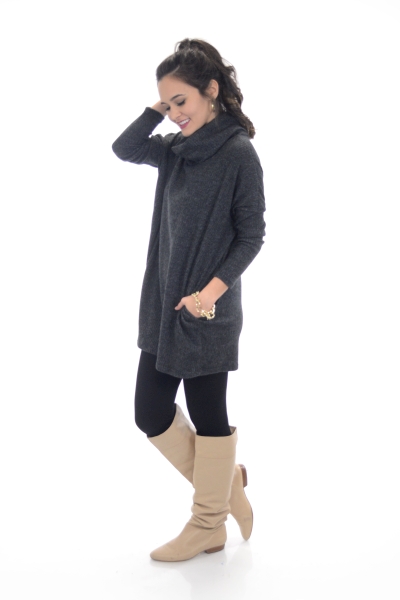 Ribbed Cowlneck Sweater, Charcoal