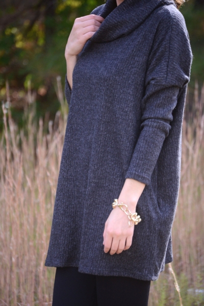 Ribbed Cowlneck Sweater, Charcoal