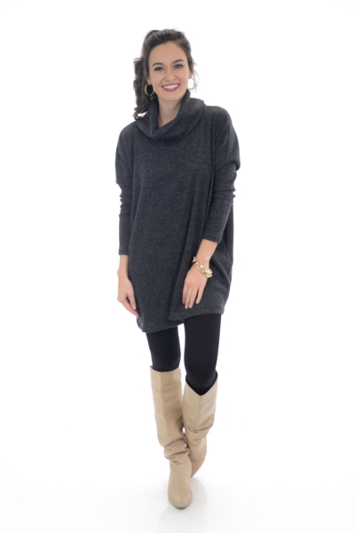 Ribbed Cowlneck Sweater, Charcoal