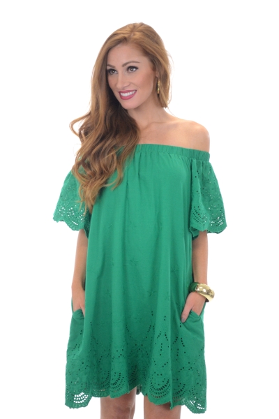 Eyelet Off Shoulder Dress, Green