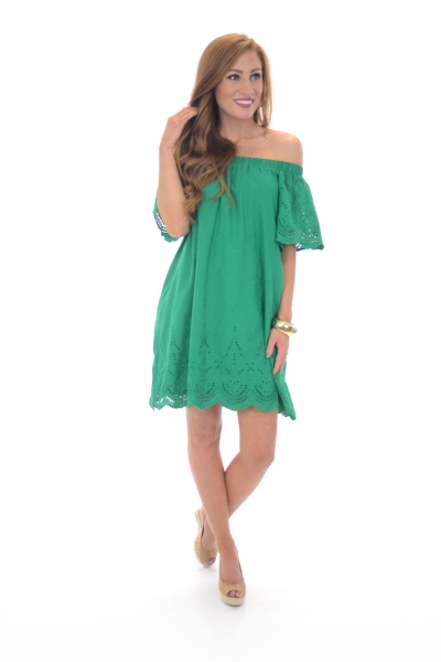 Eyelet Off Shoulder Dress, Green