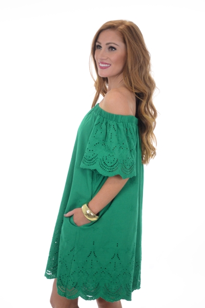 Eyelet Off Shoulder Dress, Green