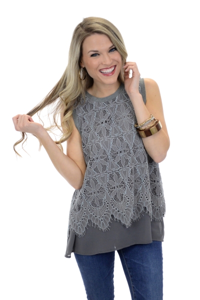Layered Lace Tank, Gray