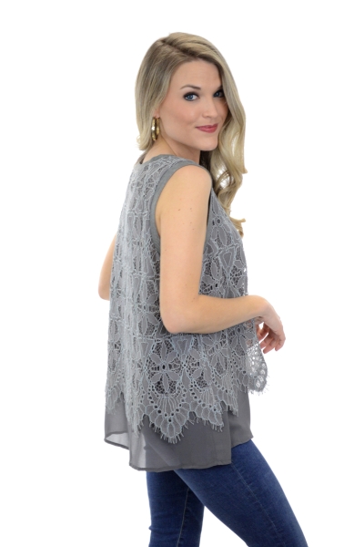 Layered Lace Tank, Gray