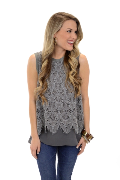 Layered Lace Tank, Gray