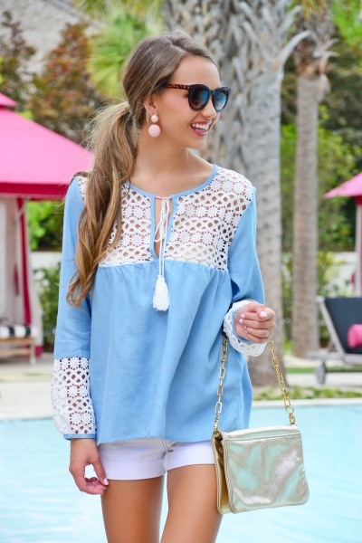 Crochet Chambray Top