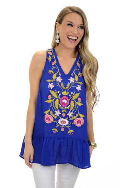 Cancun Embroidered Tank, Royal
