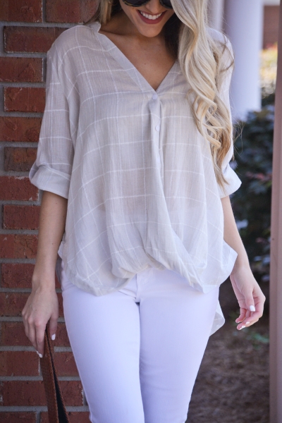 Checked Surplice Top, Taupe
