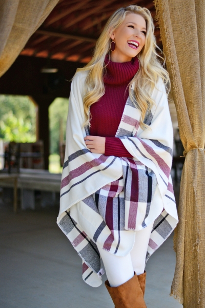 Rivington Plaid Ruana, White