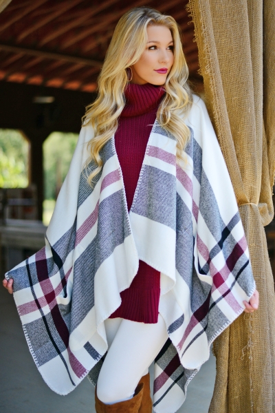 Rivington Plaid Ruana, White