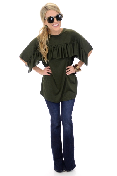 Ruffle Me Crazy Top, Olive