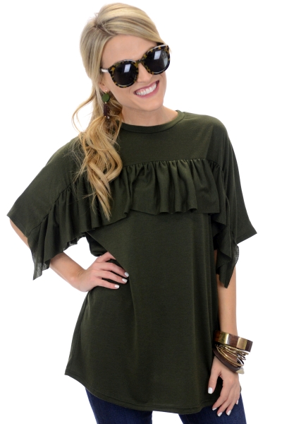 Ruffle Me Crazy Top, Olive