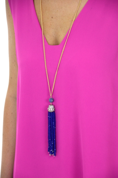 Holiday Party Tassel Necklace, Blue