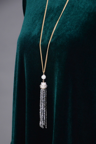 Holiday Party Tassel Necklace, Hematite