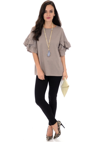 Ruffle Sleeve Top, Taupe