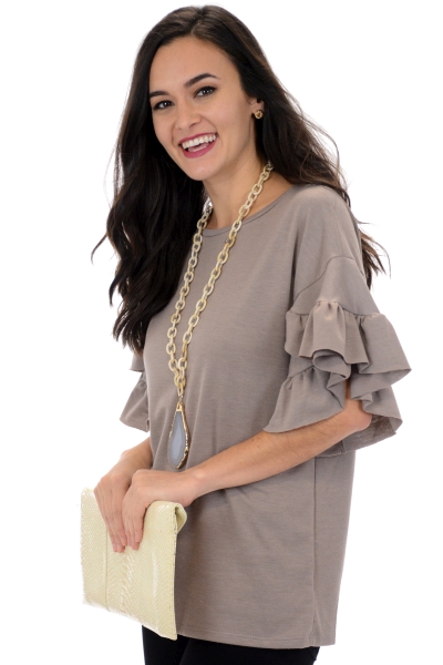 Ruffle Sleeve Top, Taupe