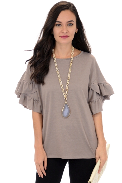 Ruffle Sleeve Top, Taupe