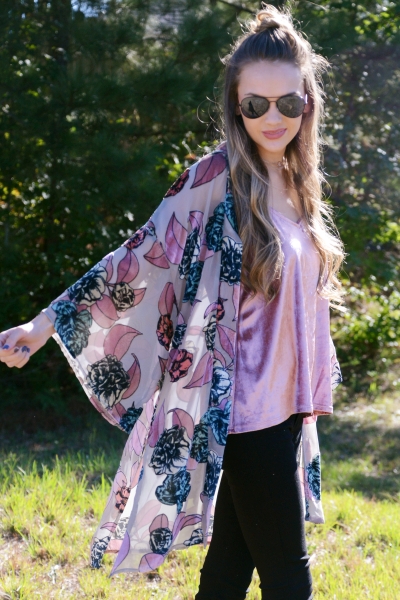 Velvet Floral Kimono, Grey