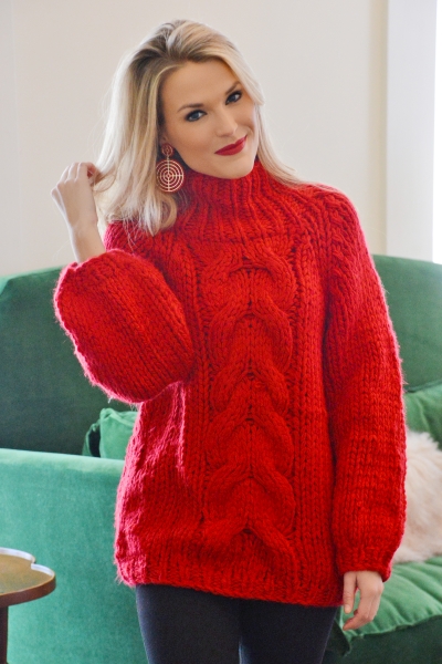Chunky Cable Sweater, Red