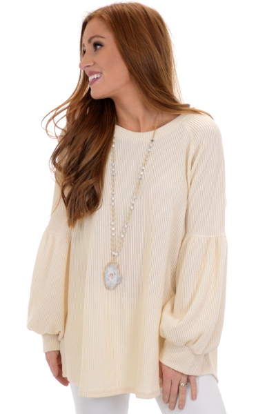 Ribbed Bubble Sleeve Top, Cream