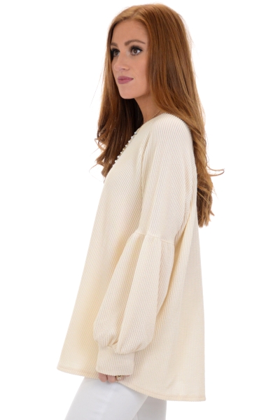 Ribbed Bubble Sleeve Top, Cream