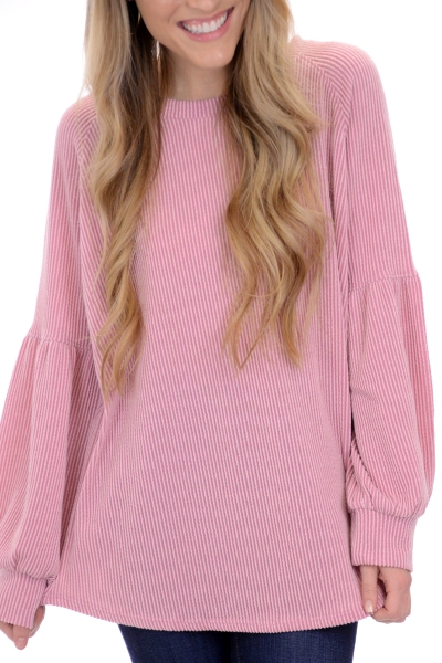 Ribbed Bubble Sleeve Top, Pink